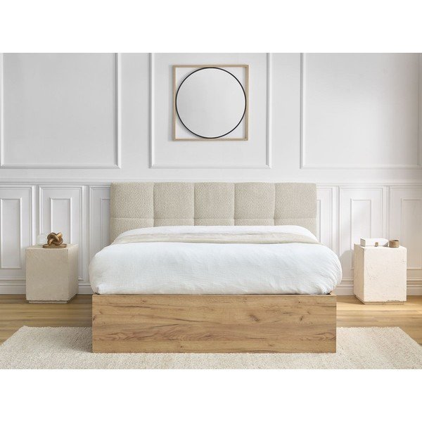 Beżowe tapicerowane tapicerowane/z płyty wiórowej łóżko dwuosobowe ze schowkiem ze stelażem 160x200 cm Kumo – Bobochic Paris-image-4