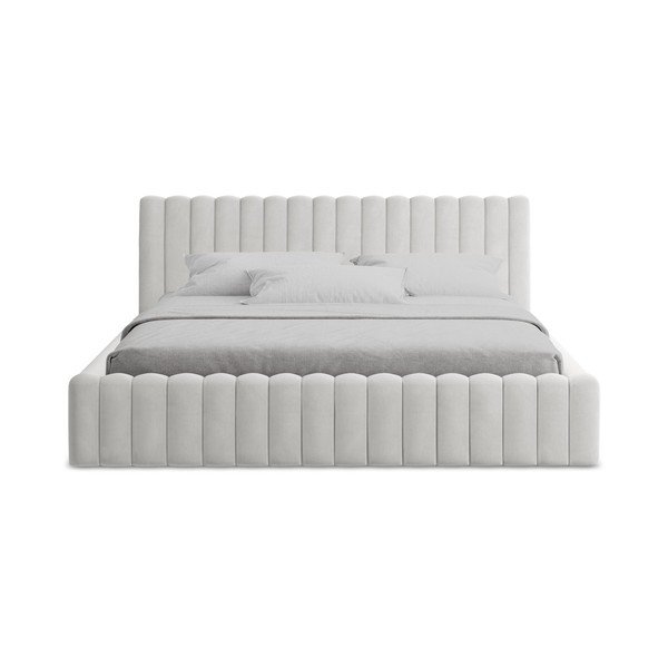 Tapicerowane łóżko dwuosobowe ze schowkiem ze stelażem 140x200 cm w kolorze srebra Lemi – Makamii-image-4