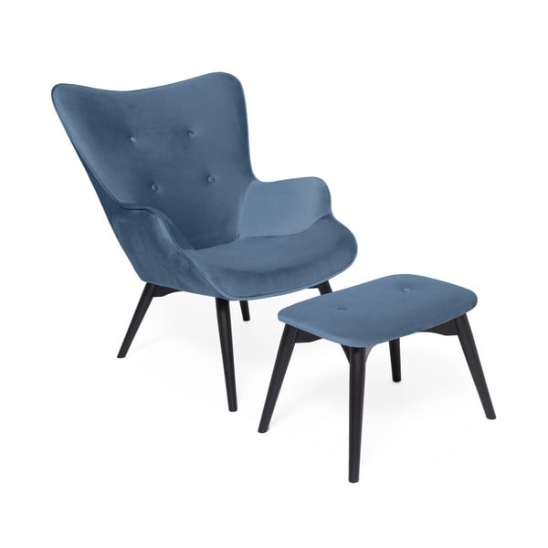 Niebieski fotel z podnóżkiem i czarnymi nogami Vivonita Cora Velvet