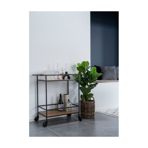 Barek na kółkach z czarną stalową konstrukcją i 2 półkami w dekorze dębu House Nordic Vita-image-2