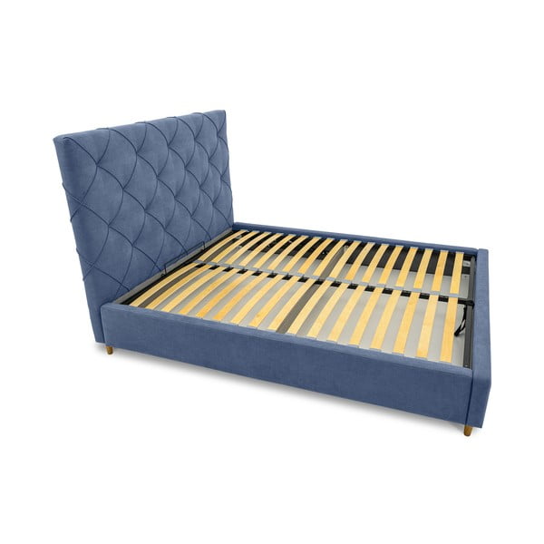 Niebieskie tapicerowane łóżko dwuosobowe ze schowkiem i stelażem 160x200 cm Bee – Scandic-image-4