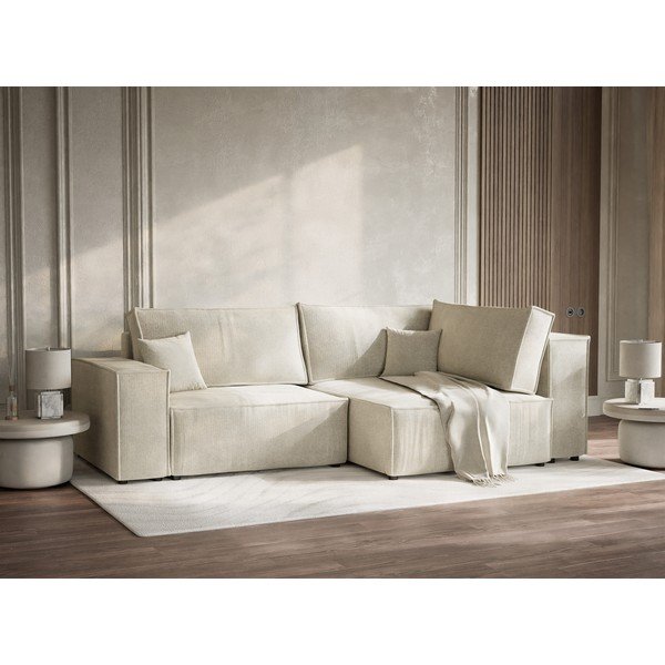 Kremowy rozkładany/ze schowkiem narożnik z tkaniny szenilowej (prawostronny/w kształcie litery L) Tonga – Maison de Rêve-image-4