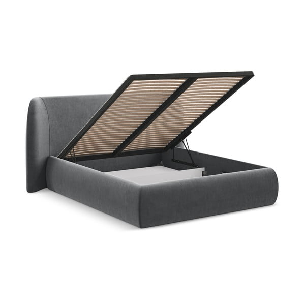 Ciemnoszare tapicerowane łóżko dwuosobowe ze schowkiem i stelażem 180x200 cm Hauke – Makamii-image-2