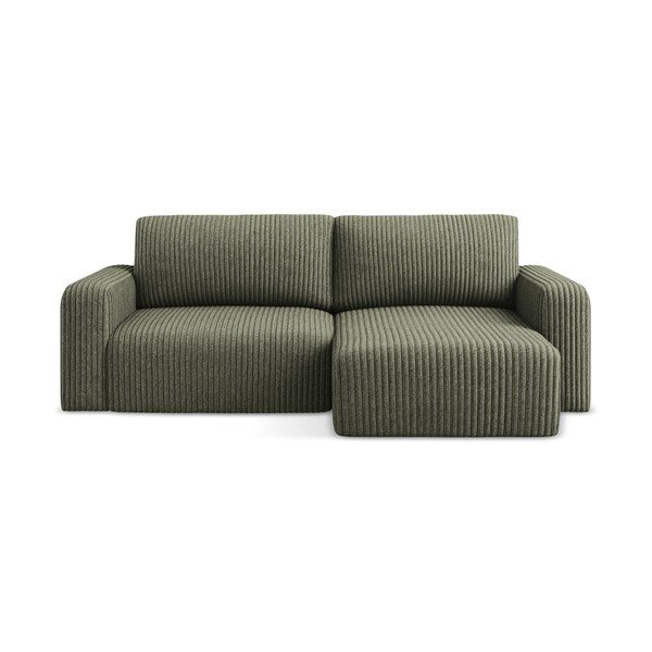 Zielony sztruksowy rozkładany/ze schowkiem narożnik (prawostronny/z szezlongiem) Kona – Makamii