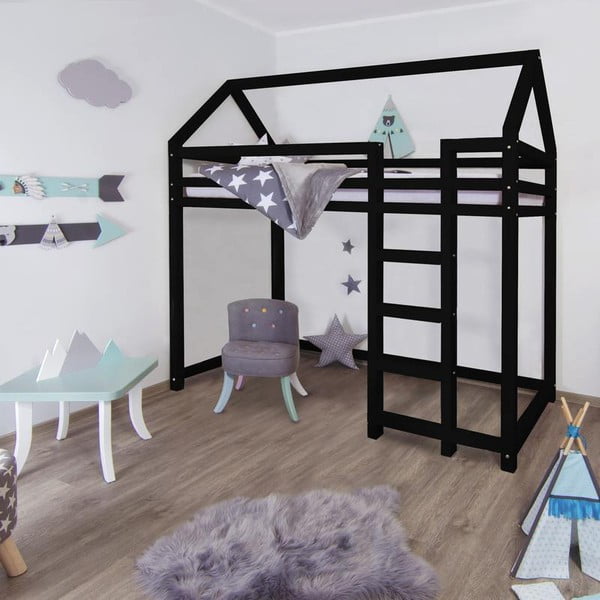 Czarne podwyższane łóżko z drewna świerkowego z drabinką po prawej stronie Benlemi Nesty, 120x200 cm