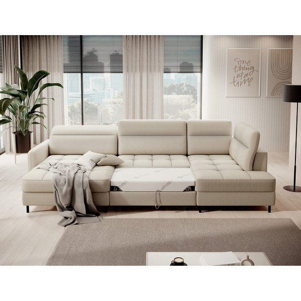 Beżowy aksamitny rozkładany/ze schowkiem narożnik (prawostronny/w kształcie litery U) Berrto – ELTAP-image-4