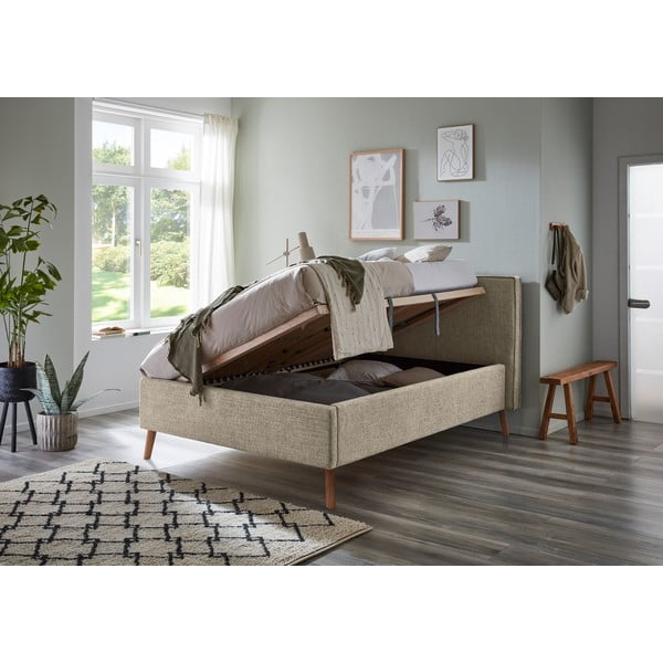 Beżowe tapicerowane łóżko dwuosobowe ze schowkiem ze stelażem 140x200 cm Riva – Meise Möbel-image-3