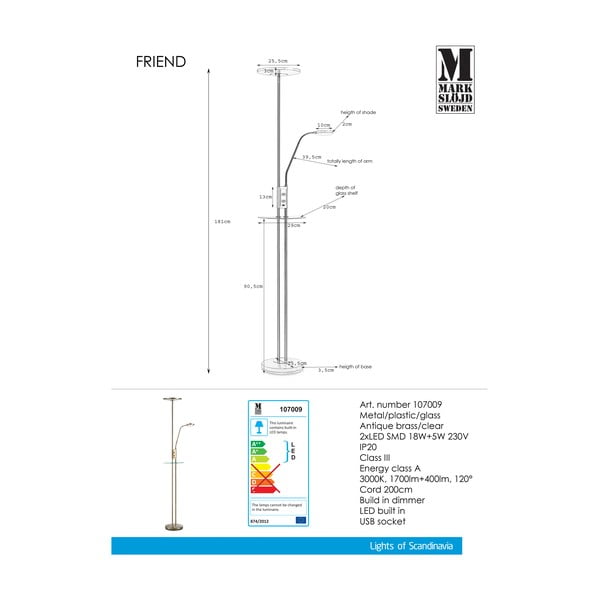 Lampa stojąca z LED w kolorze mosiądzu Markslöjd Friend Uplight-image-1