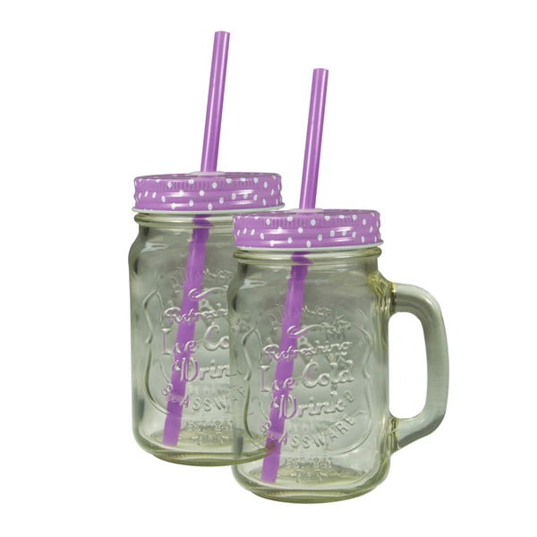 Zestaw 2 szklanek/słoików z fioletowym wieczkiem i słomką JOCCA Straw, 430 ml