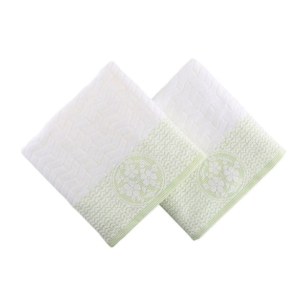 Zestaw 2 biało-zielonych ręczników z bawełny Armada, 90x50 cm