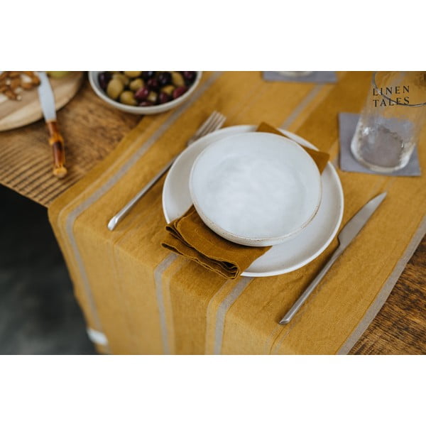Lniany bieżnik 200x200 cm Amber Bronze Stripes – Linen Tales-image-3