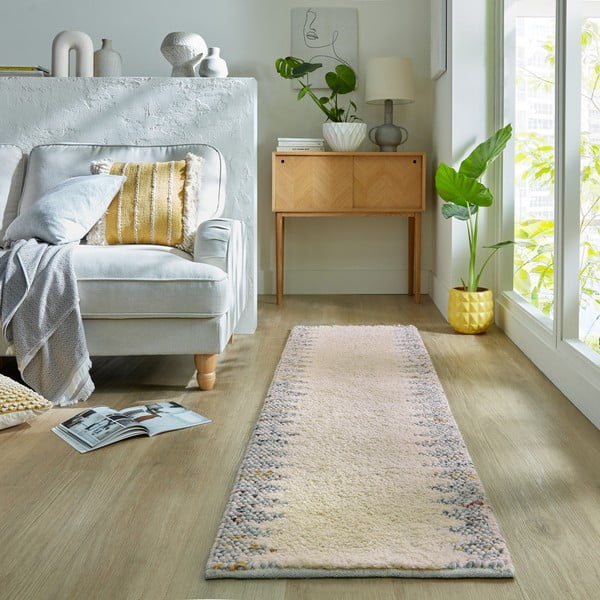 Szaro-kremowy chodnik z mieszanki wełny tkany ręcznie 60x230 cm Minerals Border – Flair Rugs-image-1