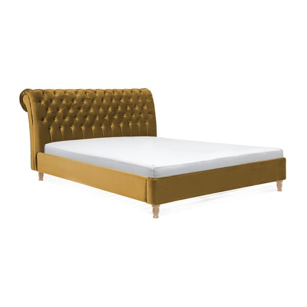 Musztardowe łóżko z drewna bukowego Vivonita Allon, 160x200 cm