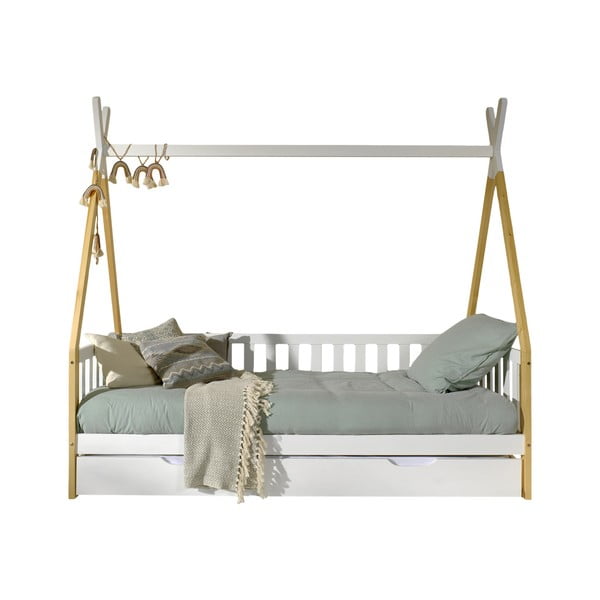 Białe łóżko dziecięce z litego drewna sosnowego w kształcie domku ze schowkiem 90x200 cm TIPI – Vipack