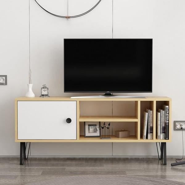 Biała szafka pod TV w dekorze dębu 120x52 cm Arven – Kalune Design-image-2