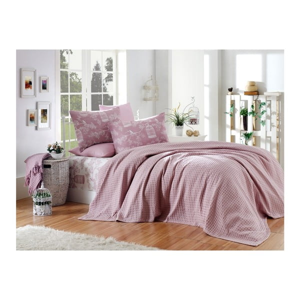 Ciemnoróżowy jednoosobowy komplet bawełniany do sypialni, 160x240 cm