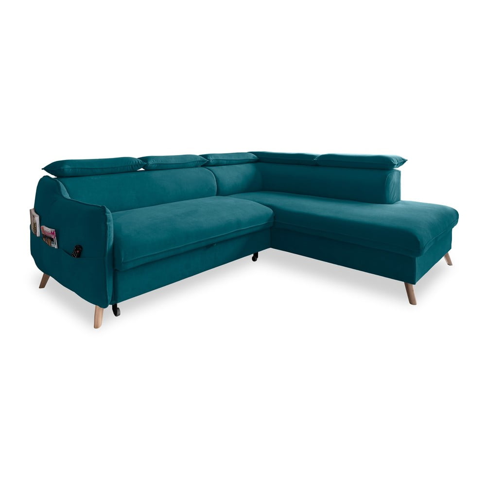 Turkusowy aksamitny rozkładany narożnik (prawostronny) Sweet Harmony – Miuform