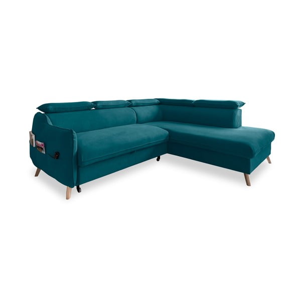 Turkusowy aksamitny rozkładany narożnik (prawostronny) Sweet Harmony – Miuform