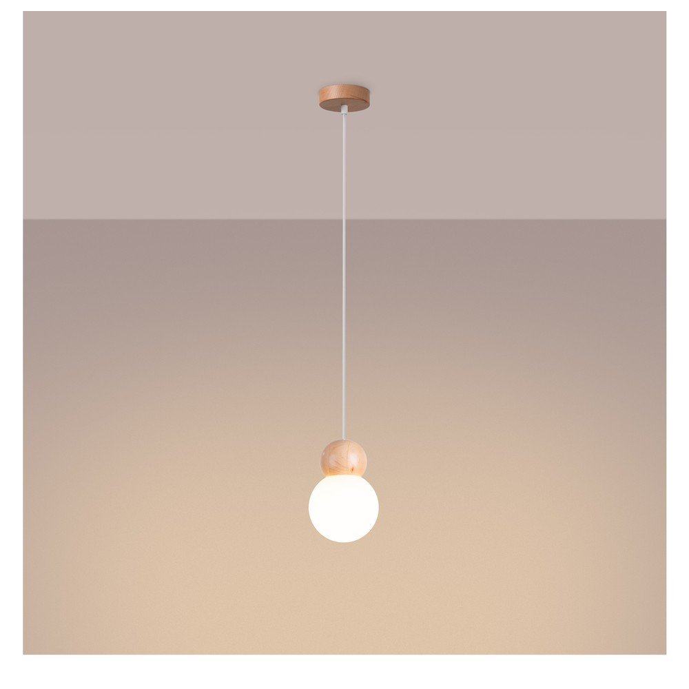 Biała/w naturalnym kolorze lampa wisząca z litego drewna ze szklanym kloszem ø 11 cm Glim – Sollux (zdjęcie 10)