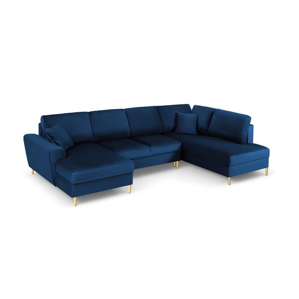 Niebieski aksamitny rozkładany narożnik ze schowkiem (prawostronny/w kształcie litery U) Kyoto – Cosmopolitan Design-image-1