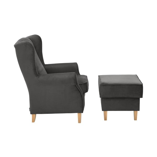 Antracytowy aksamitny fotel uszak z podnóżkiem Max Winzer Lorris-image-2