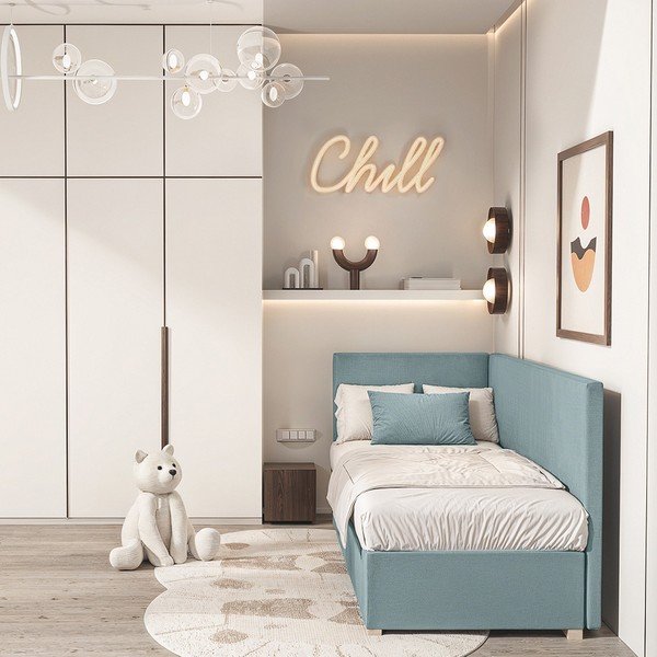 Niebieskie narożne łóżko dziecięce ze schowkiem i materacem 90x200 cm Flexi – Ghado-image-1