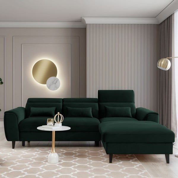 Ciemnozielony aksamitny rozkładany/ze schowkiem narożnik (prawostronny/z szezlongiem) Foble – ELTAP-image-1