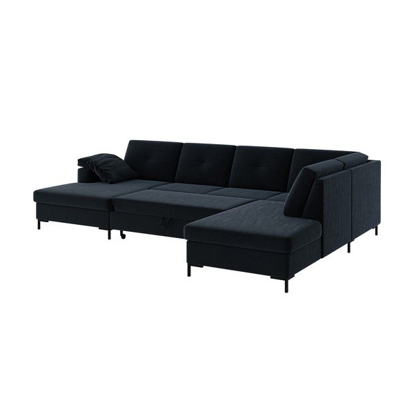 Ciemnoniebieska aksamitna rozkładana sofa w kształcie U Ghado Moor, prawostronna-image-4