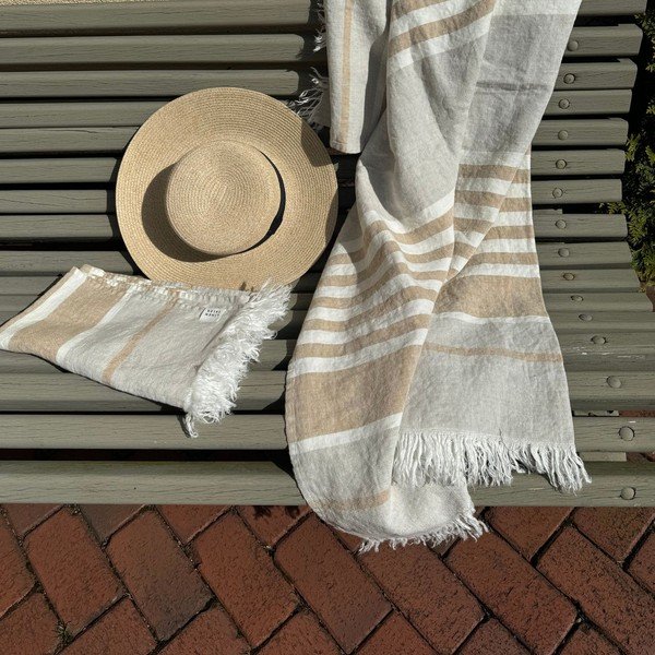 Beżowy lniany ręcznik plażowy 85x140 cm Allure Stripe – Linen Tales-image-2
