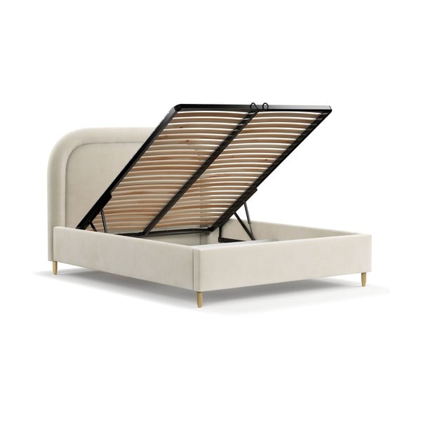 Kremowe tapicerowane łóżko dwuosobowe ze schowkiem i stelażem 160x200 cm Mija – Maison de Rêve-image-3