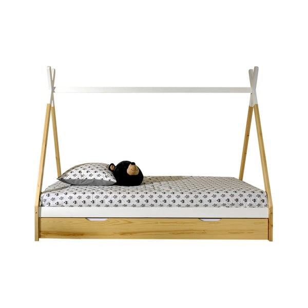 Biało-naturalne łóżko dziecięce z litego drewna sosnowego w kształcie domku ze schowkiem 90x200 cm TIPI – Vipack