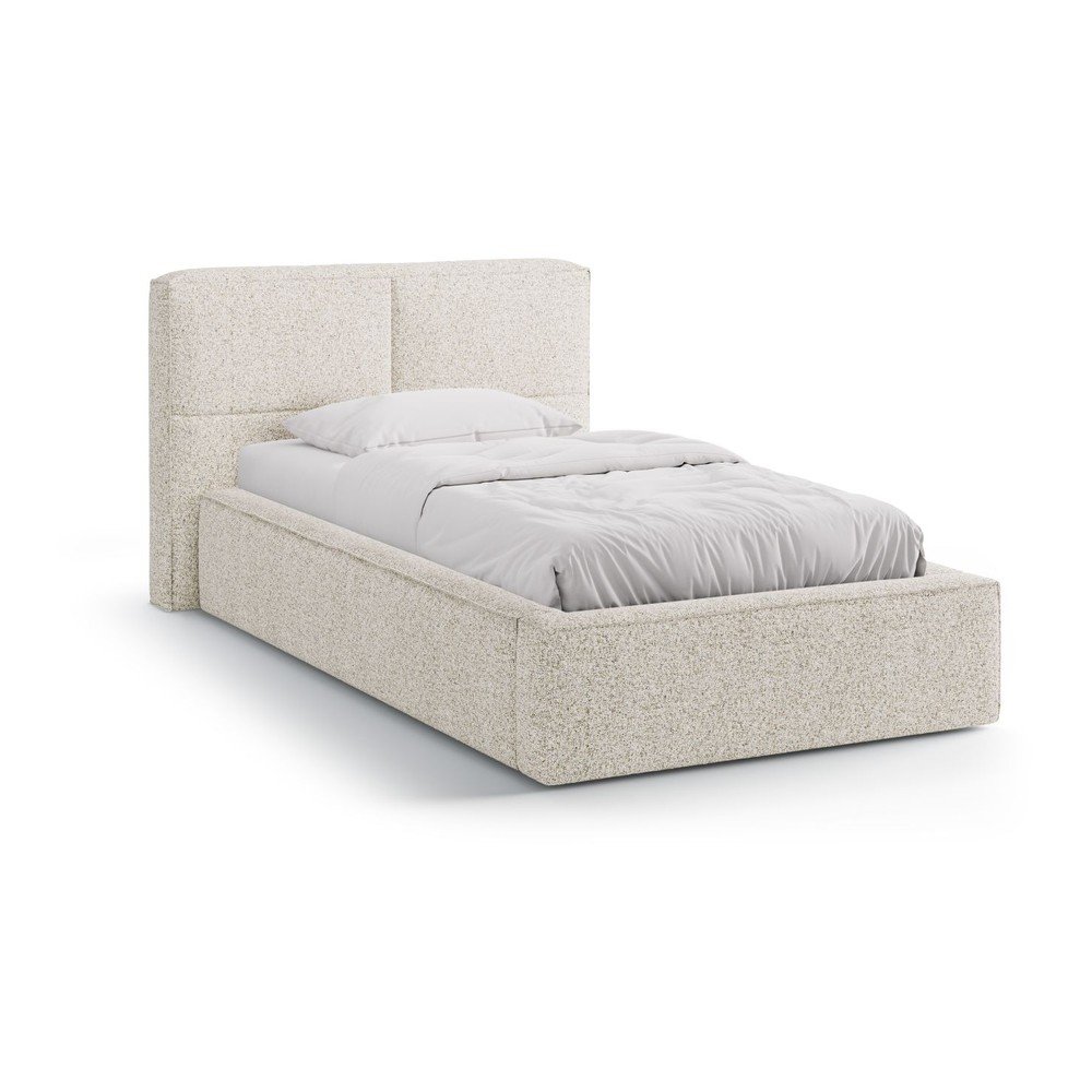 Beżowe tapicerowane łóżko jednoosobowe ze schowkiem i stelażem 90x200 cm Darren – Micadoni