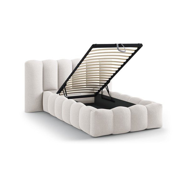 Kremowe tapicerowane łóżko jednoosobowe ze schowkiem i stelażem 90x200 cm Lupine – Micadoni -image-1