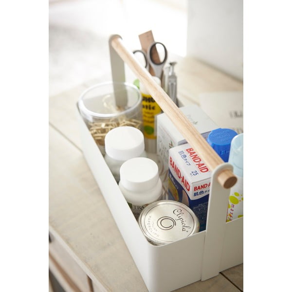 Biały pojemnik z uchwytem z drewna bukowego YAMAZAKI Tosca Tool Box, dł. 29 cm-image-3