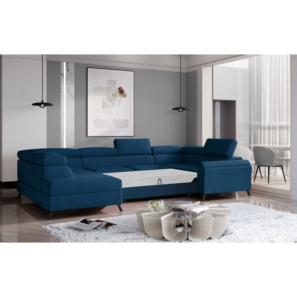 Niebieski aksamitny rozkładany/ze schowkiem narożnik (lewostronny/w kształcie litery U) Escada – ELTAP-image-2