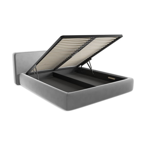 Szare tapicerowane łóżko dwuosobowe ze schowkiem i stelażem 180x200 cm Kiana – Makamii-image-3
