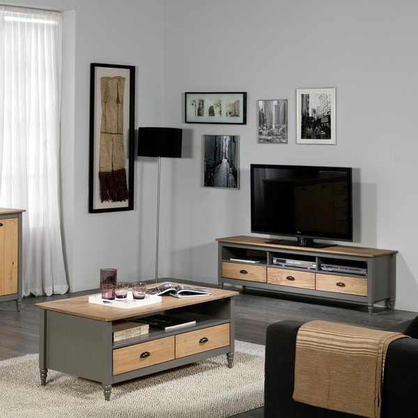 Szara szafka pod TV z litego drewna sosnowego z 3 szufladami Marckeric Iryna-image-1