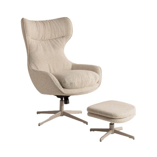 Beżowy obrotowy fotel z podnóżkiem z materiału bouclé Kenzi – Micadoni 