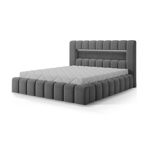 Szare tapicerowane łóżko dwuosobowe ze schowkiem ze stelażem 160x200 cm Lamica – ELTAP