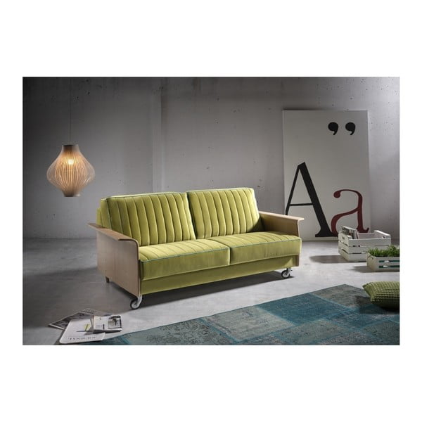 Zielona sofa rozkładana z drewnianymi podłokietnikami Suinta Urbino, szer. 174 cm