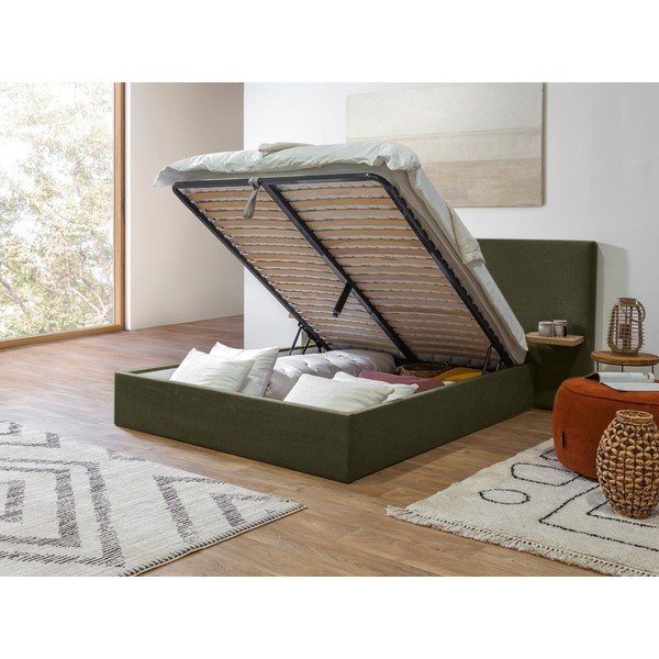 Ciemnozielone tapicerowane łóżko dwuosobowe ze schowkiem i stelażem 160x200 cm Blandine – Bobochic Paris-image-3