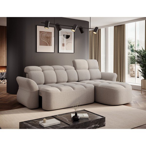 Beżowy rozkładany/ze schowkiem narożnik z materiału bouclé (prawostronny/z szezlongiem) Beneth – ELTAP-image-3