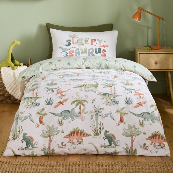 Kremowa flanelowa pościel dziecięca jednoosobowa 135x200 cm Brushed Sleepy Saurus Dino – Catherine Lansfield-image-1