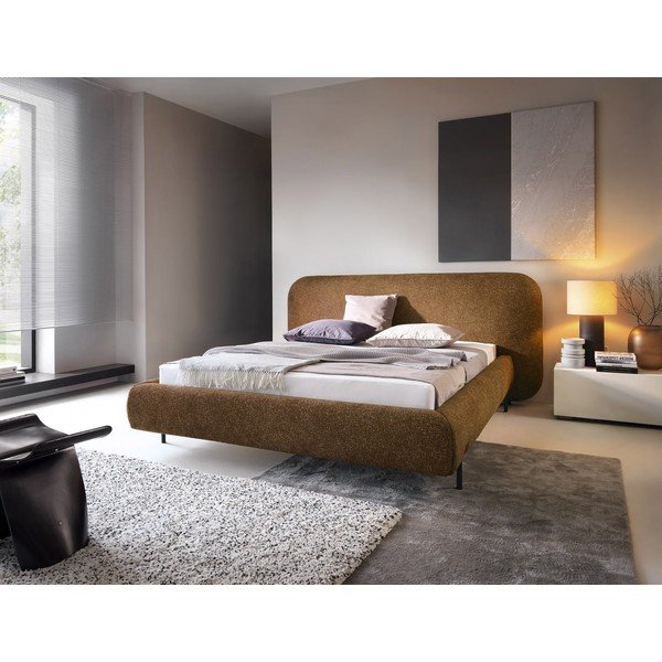 Tapicerowane łóżko dwuosobowe ze schowkiem ze stelażem 140x200 cm w kolorze ochry Pointt – ELTAP-image-1