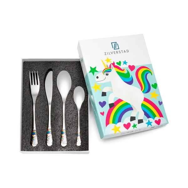 Sztućce dla dzieci ze stali nierdzewnej w kolorze srebra 4 szt. Unicorn – Zilverstad