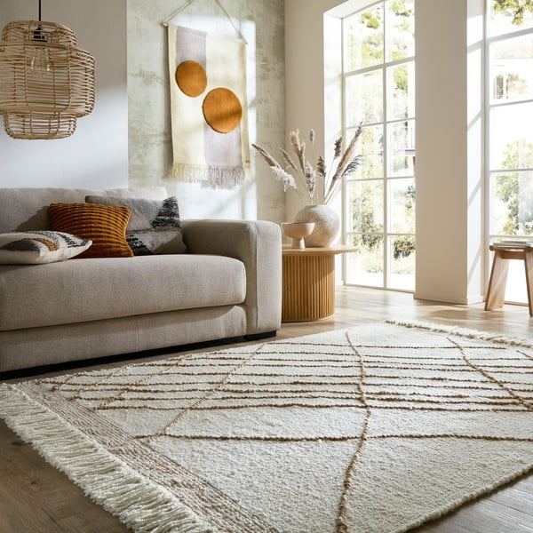 Kremowy dywan z mieszanki wełny tkany ręcznie 120x170 cm Astera Linear – Flair Rugs-image-1