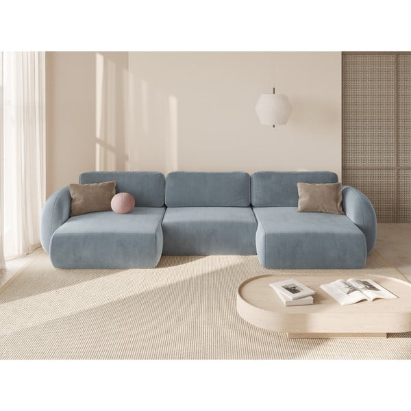 Szaroniebieski aksamitny rozkładany/ze schowkiem narożnik (w kształcie litery U) Tonale – Cosmopolitan Design-image-1