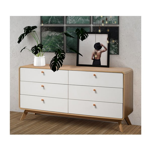 Biało-naturalna kolorze niska komoda w dekorze dębu 150x74 cm Caitlin – Støraa-image-1