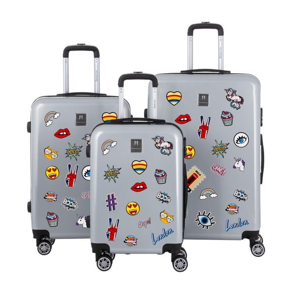 Zestaw 3 szarych walizek z naklejkami Berenice Stickers