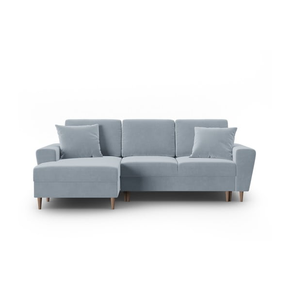 Jasnoniebieski aksamitny rozkładany narożnik ze schowkiem (lewostronny/z szezlongiem) Kyoto – Cosmopolitan Design